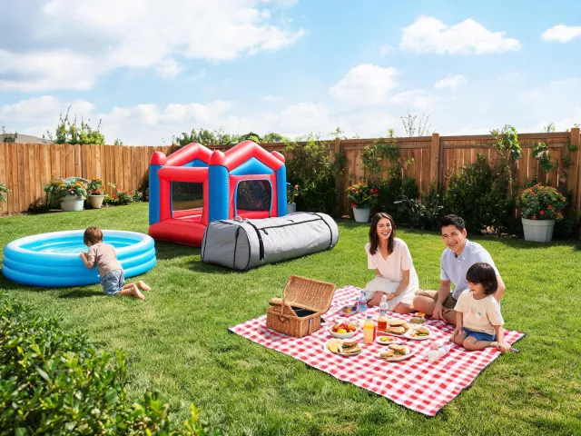 Family weekend inflatable setup